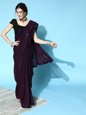 Magenta Color Sequins Embroidered Bollywood Georgette Saree With Blouse 3