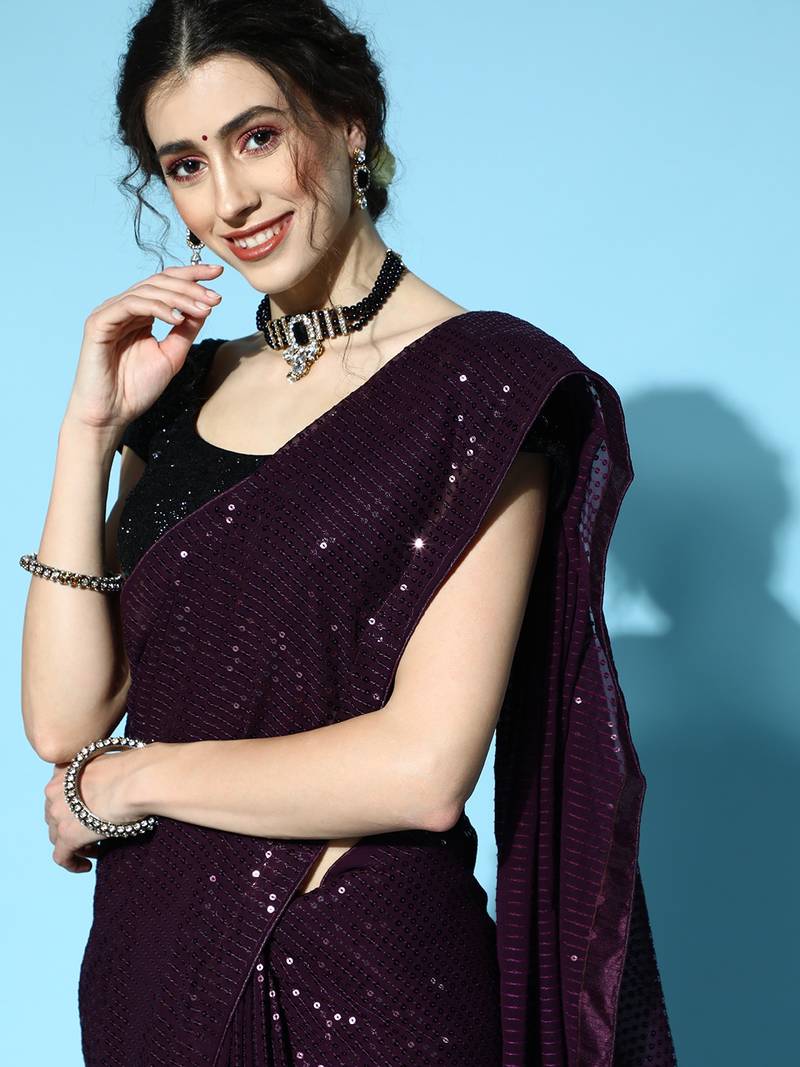 Magenta Color Sequins Embroidered Bollywood Georgette Saree With Blouse