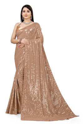 Beige Color Sequins Embroidered Bollywood Georgette Saree With Blouse 1