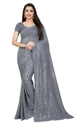 Grey Color Sequins Embroidered Bollywood Georgette Saree With Blouse 1