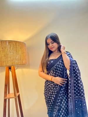 Blue Color Cotton Mulmul Bagru Hand Print Saree With Blouse Piece 1