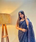 Blue Color Cotton Mulmul Bagru Hand Print Saree With Blouse Piece