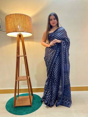 Blue Color Cotton Mulmul Bagru Hand Print Saree With Blouse Piece 2