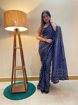 Blue Color Cotton Mulmul Bagru Hand Print Saree With Blouse Piece 4