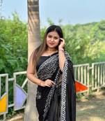 Black Color Cotton Mulmul Bagru Hand Print Saree With Blouse Piece