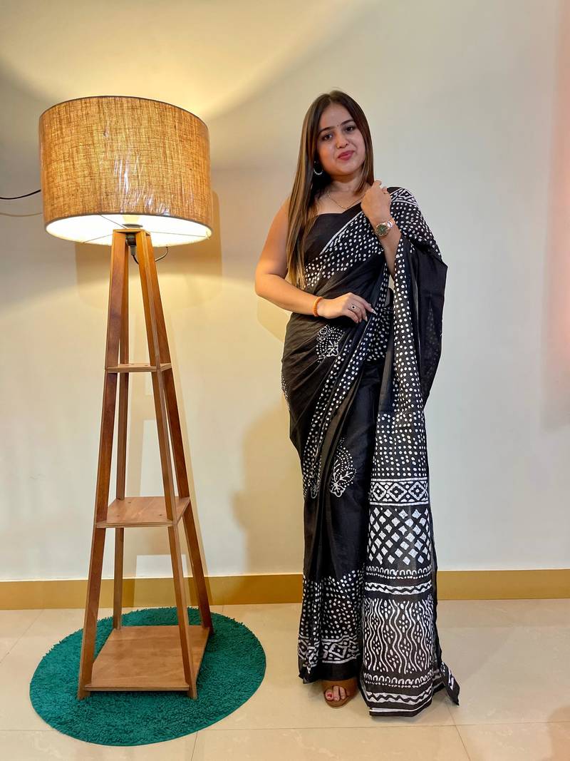 Black Color Cotton Mulmul Bagru Hand Print Saree With Blouse Piece