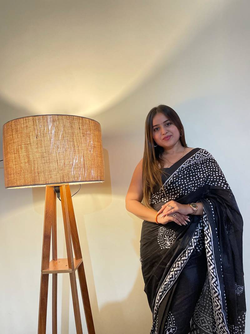 Black Color Cotton Mulmul Bagru Hand Print Saree With Blouse Piece
