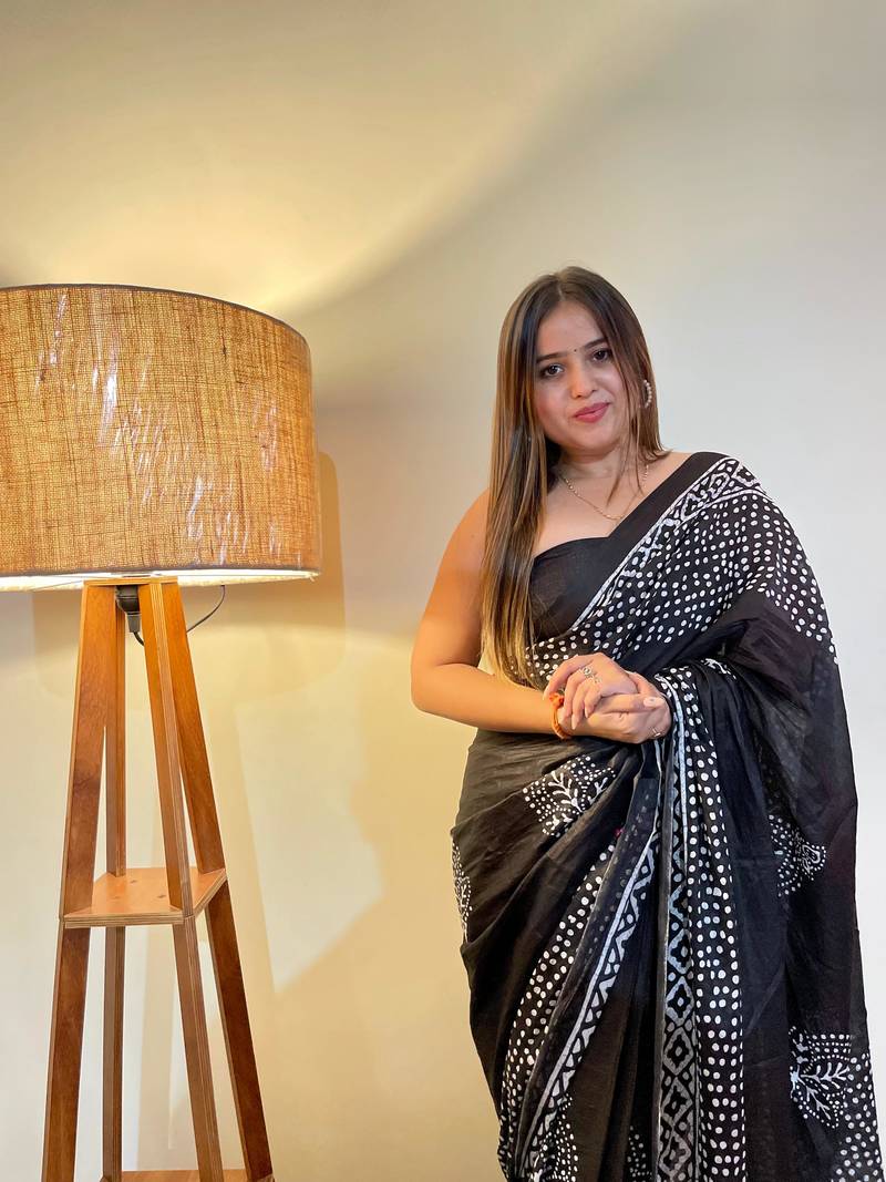 Black Color Cotton Mulmul Bagru Hand Print Saree With Blouse Piece