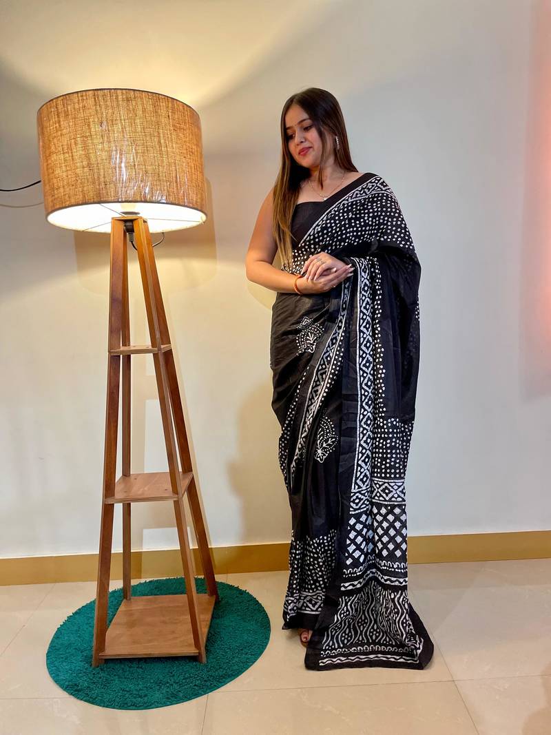 Black Color Cotton Mulmul Bagru Hand Print Saree With Blouse Piece