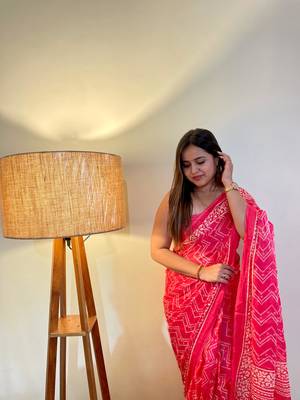Pink Color Cotton Mulmul Bagru Hand Print Saree With Blouse Piece 1