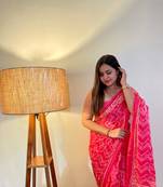 Pink Color Cotton Mulmul Bagru Hand Print Saree With Blouse Piece