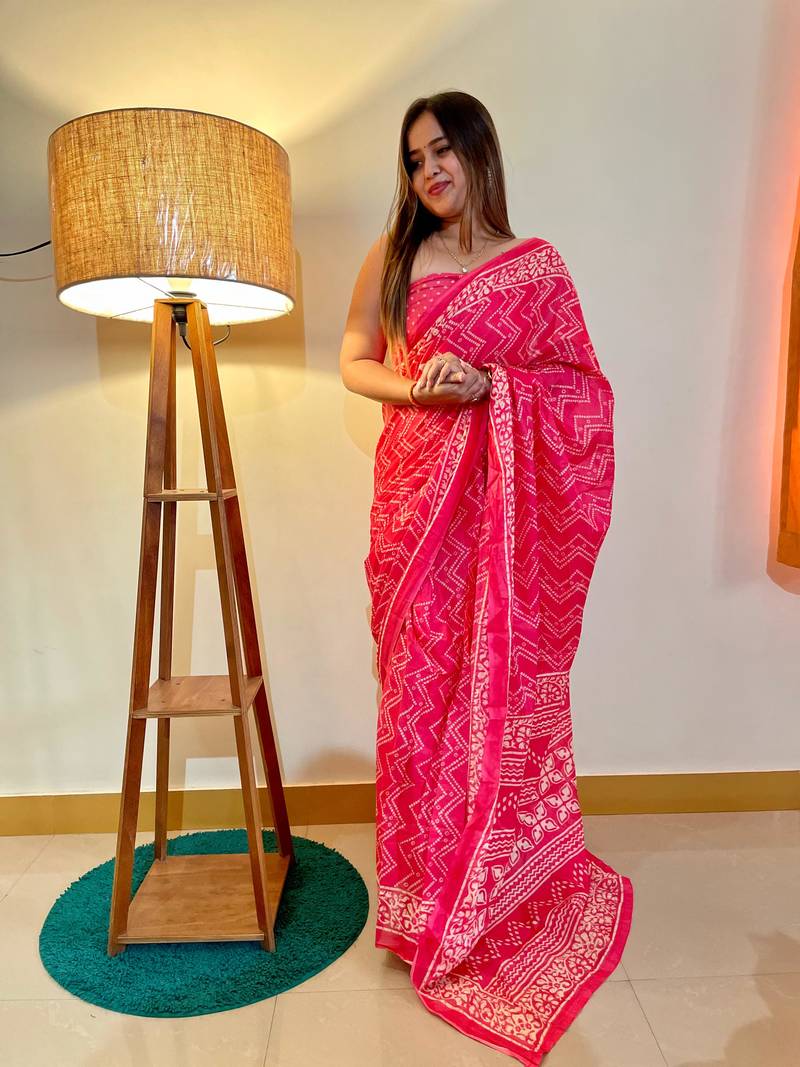 Pink Color Cotton Mulmul Bagru Hand Print Saree With Blouse Piece