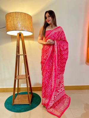 Pink Color Cotton Mulmul Bagru Hand Print Saree With Blouse Piece 3