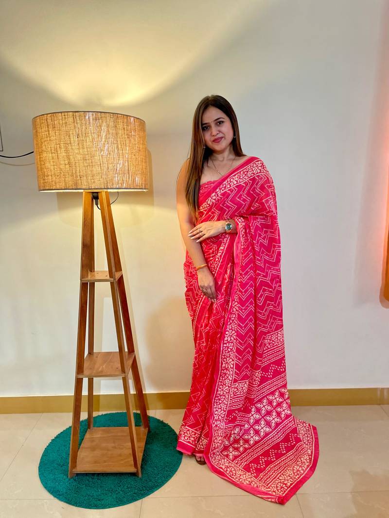 Pink Color Cotton Mulmul Bagru Hand Print Saree With Blouse Piece