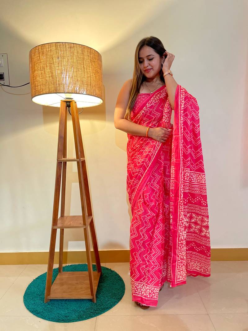 Pink Color Cotton Mulmul Bagru Hand Print Saree With Blouse Piece