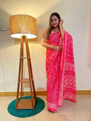 Pink Color Cotton Mulmul Bagru Hand Print Saree With Blouse Piece 7