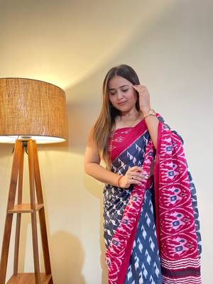 Blue Color Cotton Mulmul Bagru Hand Print Saree With Blouse Piece 1