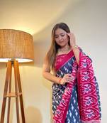 Blue Color Cotton Mulmul Bagru Hand Print Saree With Blouse Piece