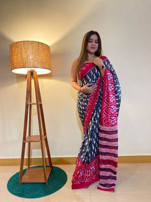 Blue Color Cotton Mulmul Bagru Hand Print Saree With Blouse Piece 2