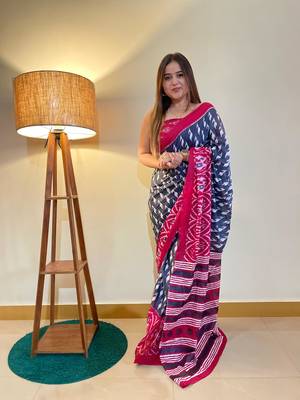 Blue Color Cotton Mulmul Bagru Hand Print Saree With Blouse Piece 4