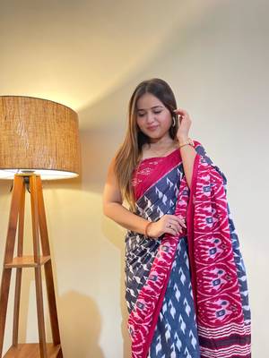 Blue Color Cotton Mulmul Bagru Hand Print Saree With Blouse Piece 6