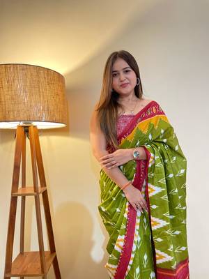 Green Color Cotton Mulmul Bagru Hand Print Saree With Blouse Piece 1