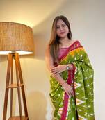 Green Color Cotton Mulmul Bagru Hand Print Saree With Blouse Piece