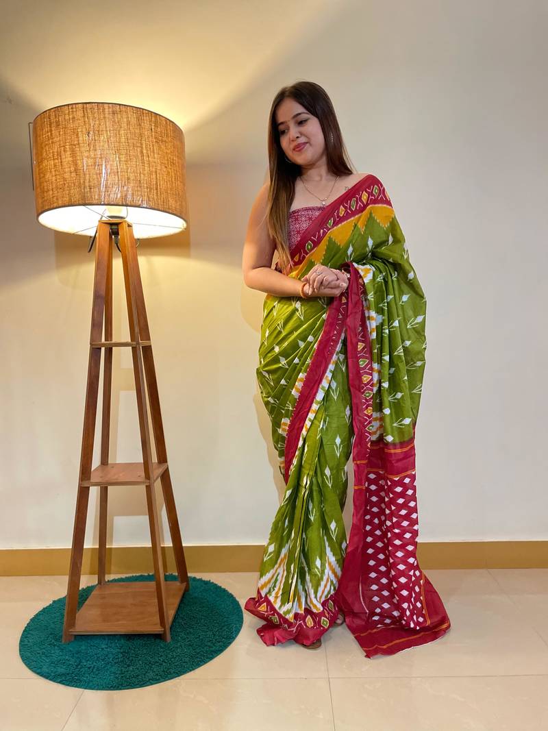 Green Color Cotton Mulmul Bagru Hand Print Saree With Blouse Piece