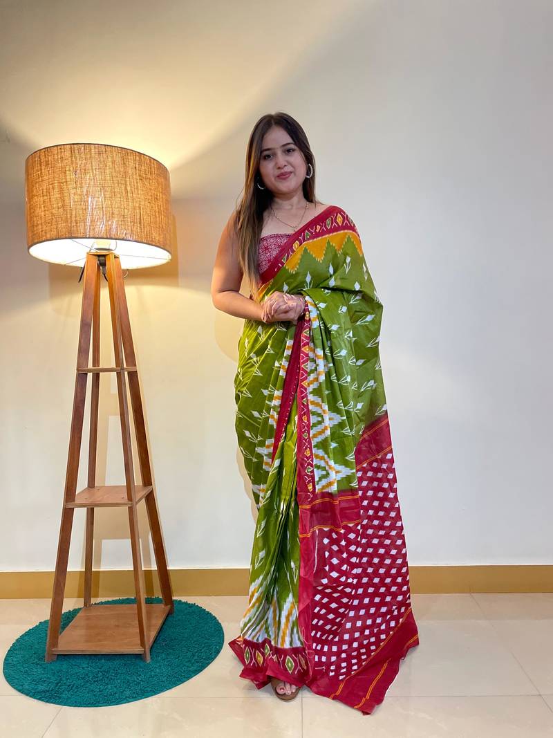 Green Color Cotton Mulmul Bagru Hand Print Saree With Blouse Piece