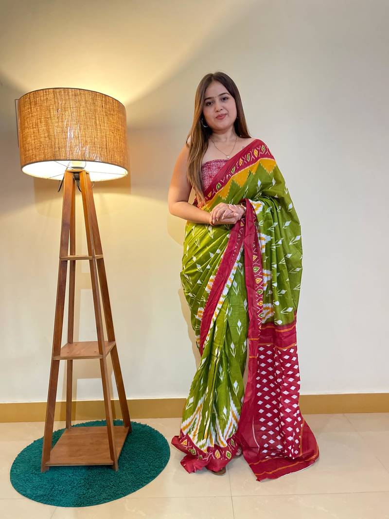 Green Color Cotton Mulmul Bagru Hand Print Saree With Blouse Piece