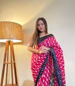 Pink Color Cotton Mulmul Bagru Hand Print Saree With Blouse Piece