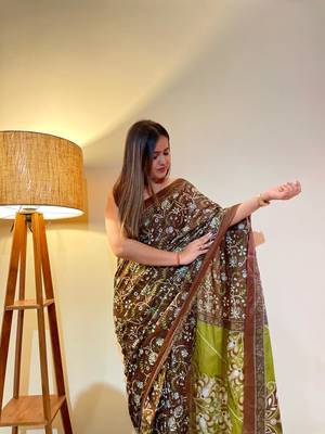 Multicolor Cotton Mulmul Bagru Hand Print Saree With Blouse Piece 2