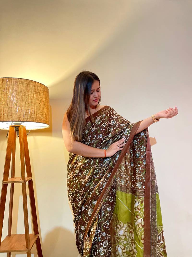 Multicolor Cotton Mulmul Bagru Hand Print Saree With Blouse Piece