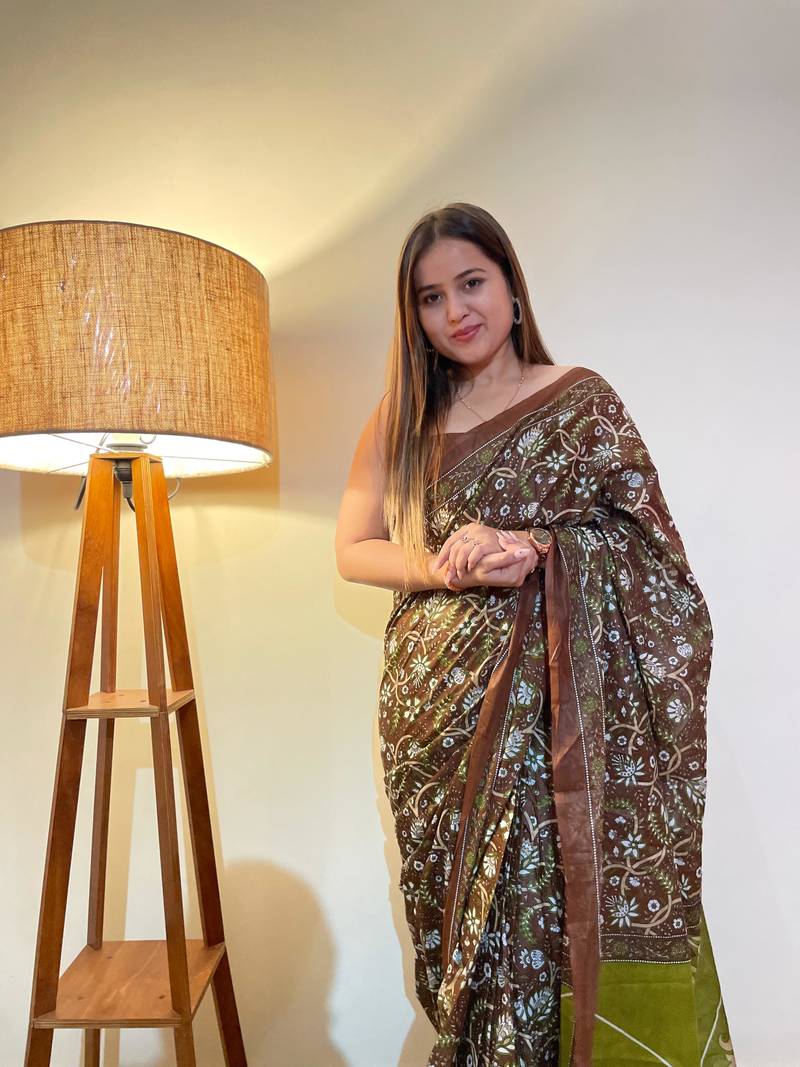 Multicolor Cotton Mulmul Bagru Hand Print Saree With Blouse Piece