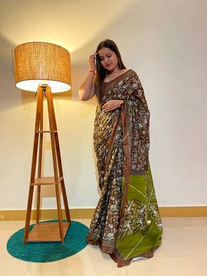Multicolor Cotton Mulmul Bagru Hand Print Saree With Blouse Piece 4