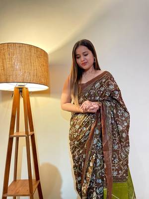 Multicolor Cotton Mulmul Bagru Hand Print Saree With Blouse Piece 5