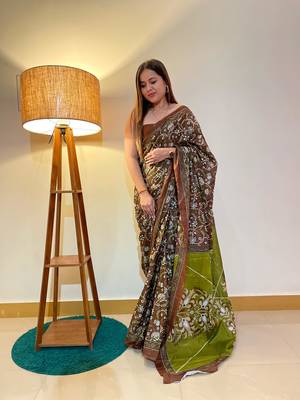 Multicolor Cotton Mulmul Bagru Hand Print Saree With Blouse Piece 6