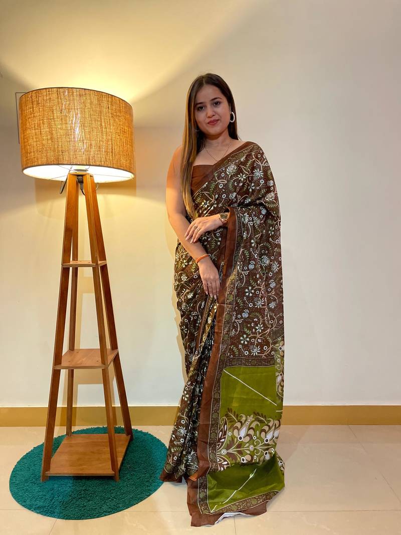 Multicolor Cotton Mulmul Bagru Hand Print Saree With Blouse Piece