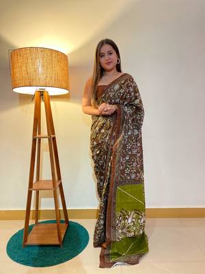 Multicolor Cotton Mulmul Bagru Hand Print Saree With Blouse Piece 8