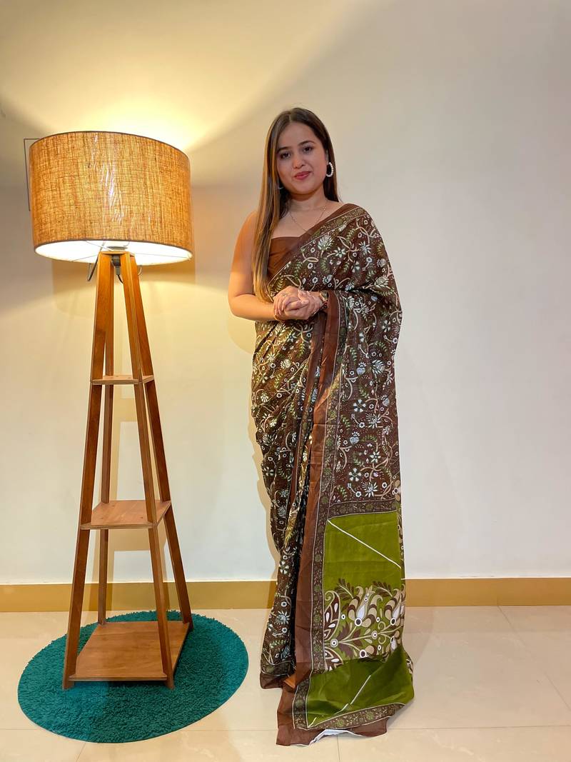 Multicolor Cotton Mulmul Bagru Hand Print Saree With Blouse Piece