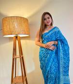 Sky-Blue Color Cotton Mulmul Bagru Hand Print Saree With Blouse Piece