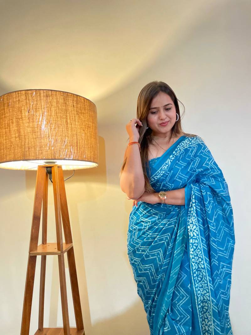Sky-Blue Color Cotton Mulmul Bagru Hand Print Saree With Blouse Piece