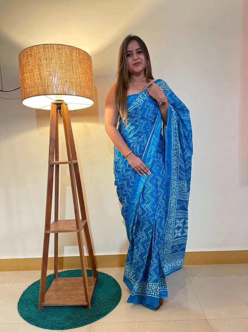 Sky-Blue Color Cotton Mulmul Bagru Hand Print Saree With Blouse Piece