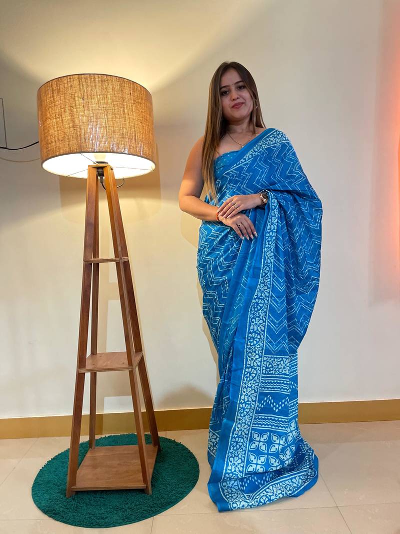 Sky-Blue Color Cotton Mulmul Bagru Hand Print Saree With Blouse Piece