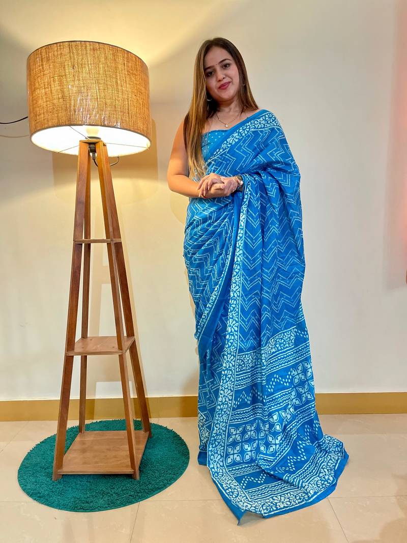 Sky-Blue Color Cotton Mulmul Bagru Hand Print Saree With Blouse Piece