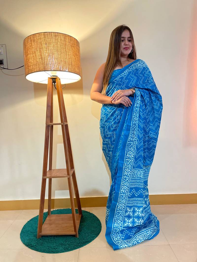 Sky-Blue Color Cotton Mulmul Bagru Hand Print Saree With Blouse Piece