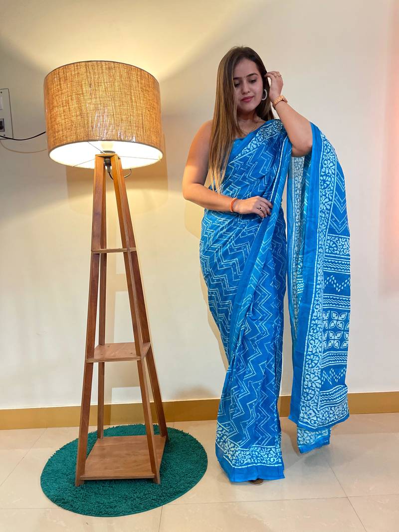 Sky-Blue Color Cotton Mulmul Bagru Hand Print Saree With Blouse Piece