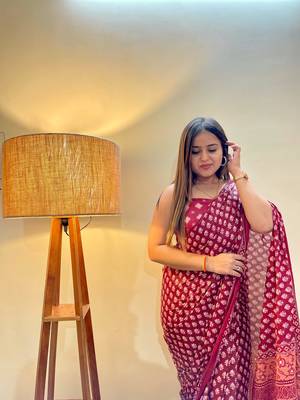 Pink Color Cotton Mulmul Bagru Hand Print Saree With Blouse Piece 1