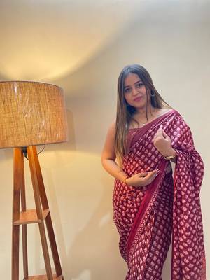 Pink Color Cotton Mulmul Bagru Hand Print Saree With Blouse Piece 2