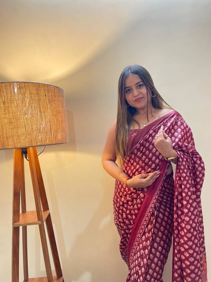 Pink Color Cotton Mulmul Bagru Hand Print Saree With Blouse Piece